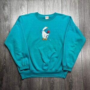 Vintage Goose Heart Cross Stitch Sweatshirt Mens Large Retro Pullover Teal